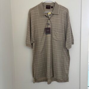 Tasso Elba Golf 100% Cotton Tan Checkered Plaid Polo Men’s Shirt Medium NWT